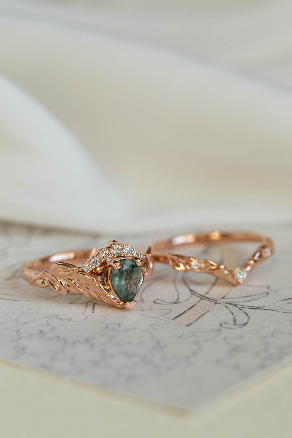 Diamond crown engagement ring set with natural moss agate / Palmira Crown - Eden Garden Jewelry™