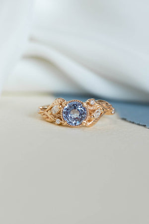 Natural lavender sapphire engagement ring, gold leaves ring with diamonds / Patricia - Eden Garden Jewelry™