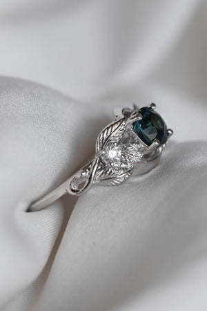 Genuine teal sapphire leaf engagement ring, white gold proposal ring with diamonds / Azalea - Eden Garden Jewelry™