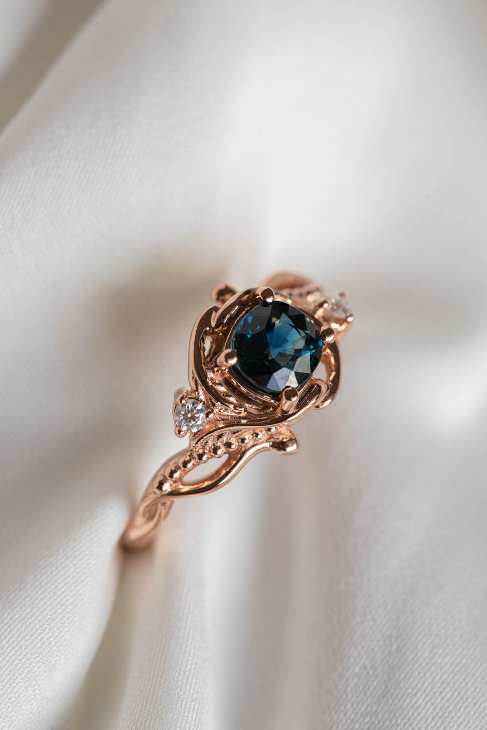 Teal sapphire cushion cut engagement ring, rose gold ring with diamonds / Undina - Eden Garden Jewelry™