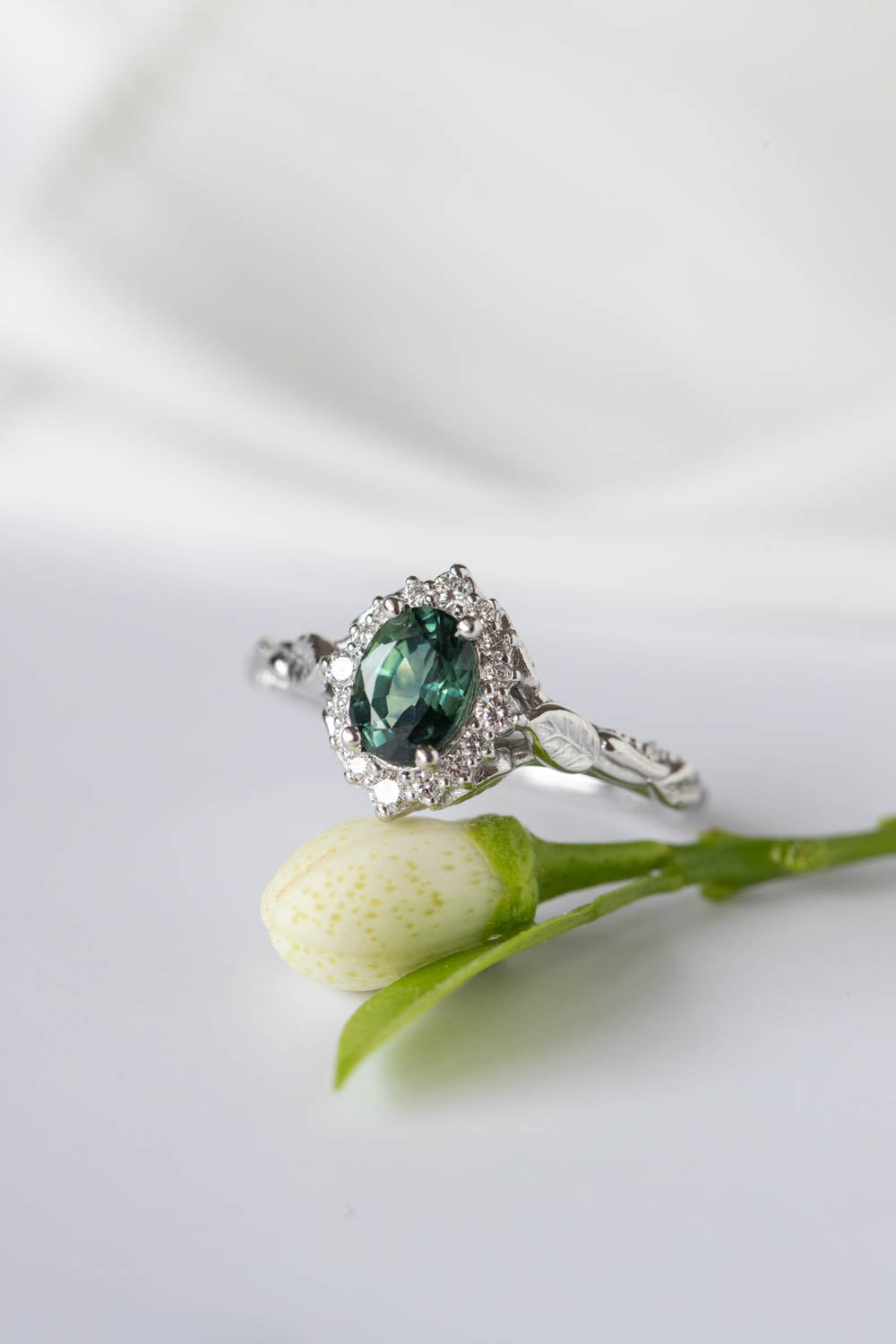 Genuine teal sapphire engagement ring, white gold engagement ring with diamond halo / Florentina - Eden Garden Jewelry™