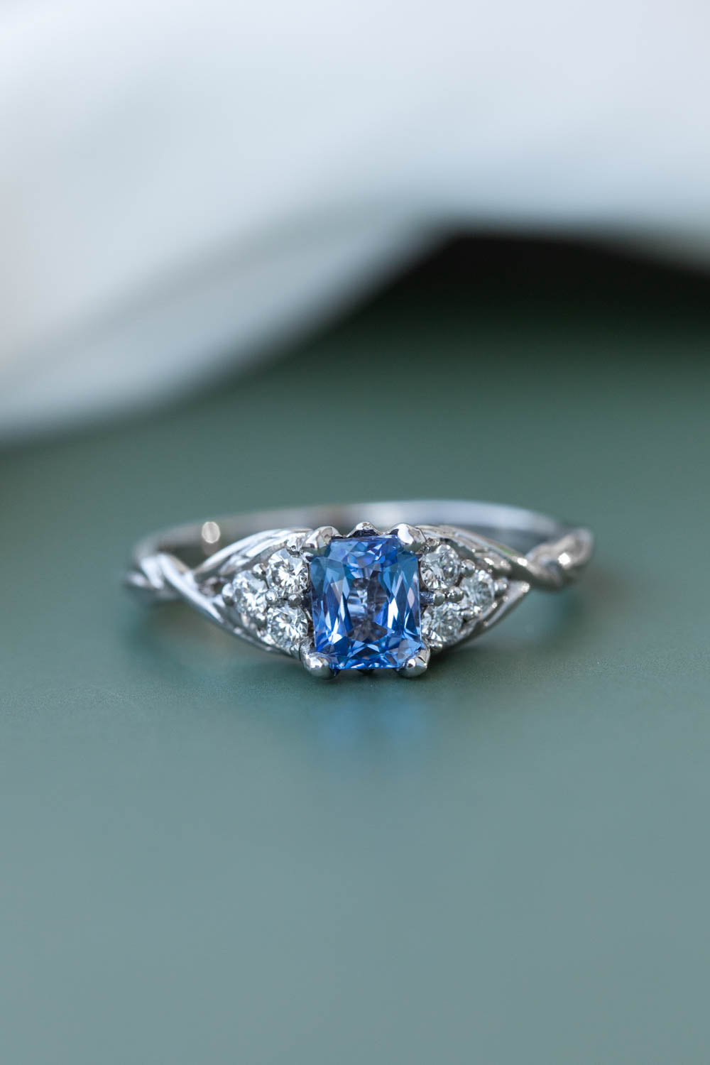 Natural light blue sapphire engagement ring, emerald cut gemstone ring with accent diamonds / Gloria - Eden Garden Jewelry™