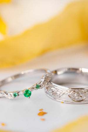 Wedding rings set for couple: white gold leaf ring for man, emeralds ring for woman - Eden Garden Jewelry™