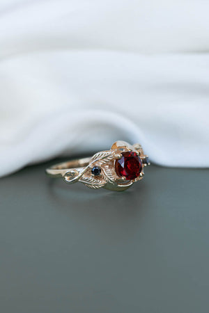 Natural garnet and black moissanites engagement ring, gold leaf proposal ring  / Azalea - Eden Garden Jewelry™