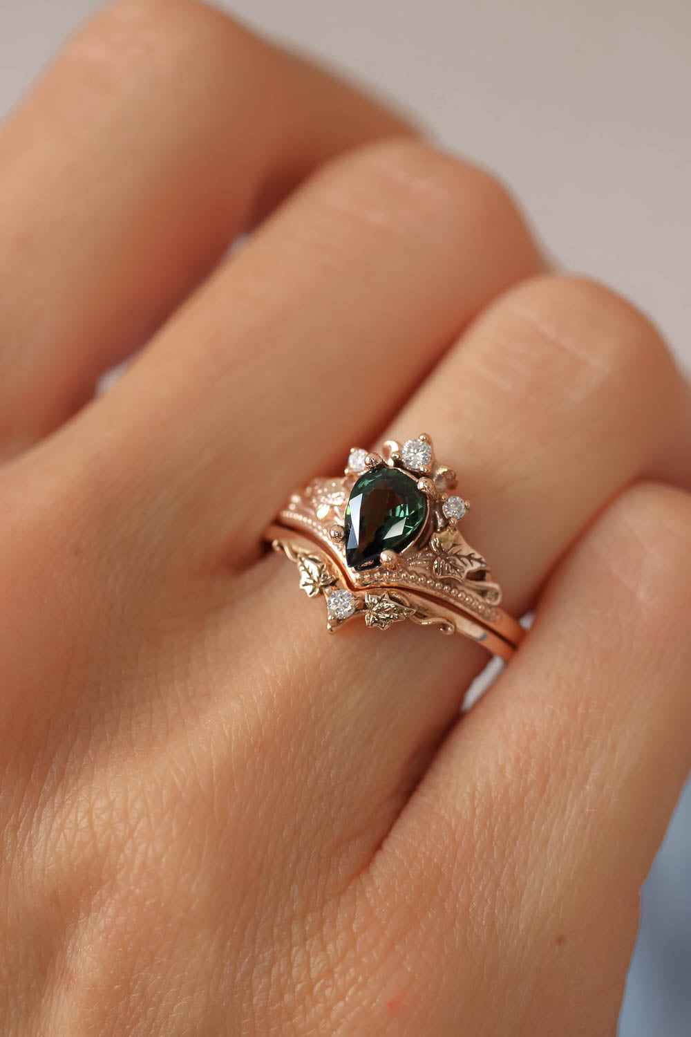 Green sapphire engagement ring set, tiara ring with diamonds / Ariadne - Eden Garden Jewelry™