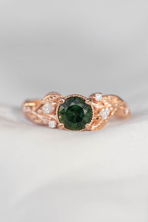 Natural green sapphire engagement ring, rose gold proposal ring with leaves and diamonds / Patricia - Eden Garden Jewelry™