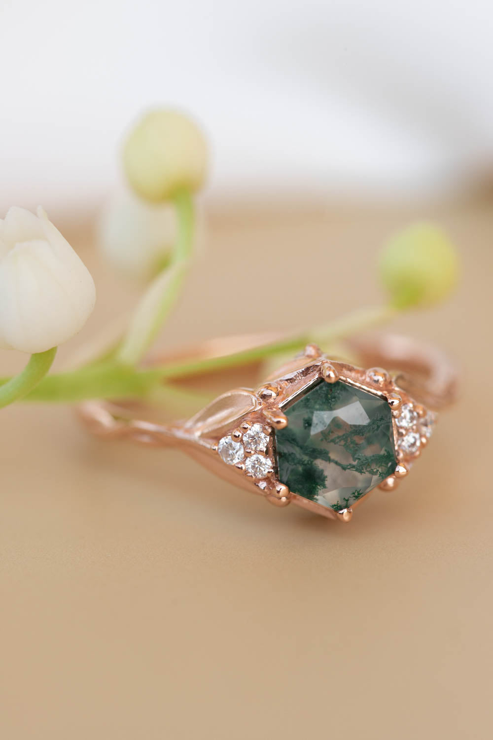 Moss agate engagement ring, gold leaves proposal ring with diamonds / Roma - Eden Garden Jewelry™