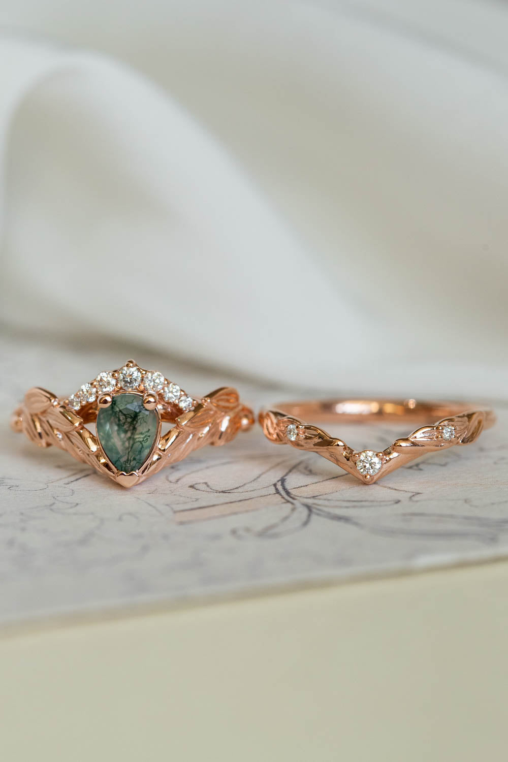 Diamond crown engagement ring set with natural moss agate / Palmira Crown - Eden Garden Jewelry™