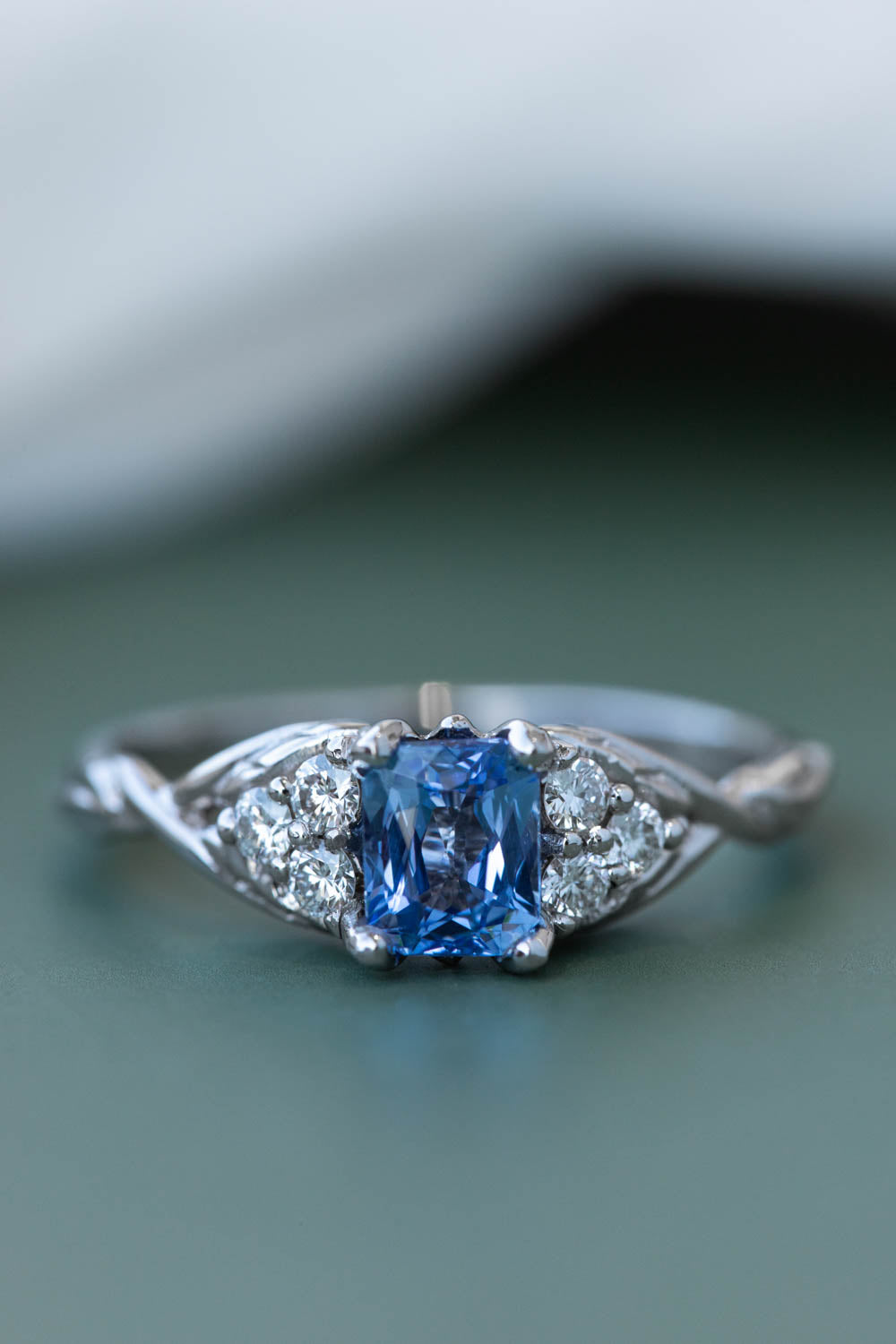 Natural light blue sapphire engagement ring, emerald cut gemstone ring with accent diamonds / Gloria - Eden Garden Jewelry™