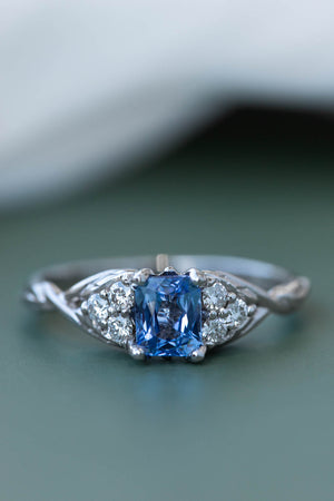 Natural light blue sapphire engagement ring, emerald cut gemstone ring with accent diamonds / Gloria - Eden Garden Jewelry™