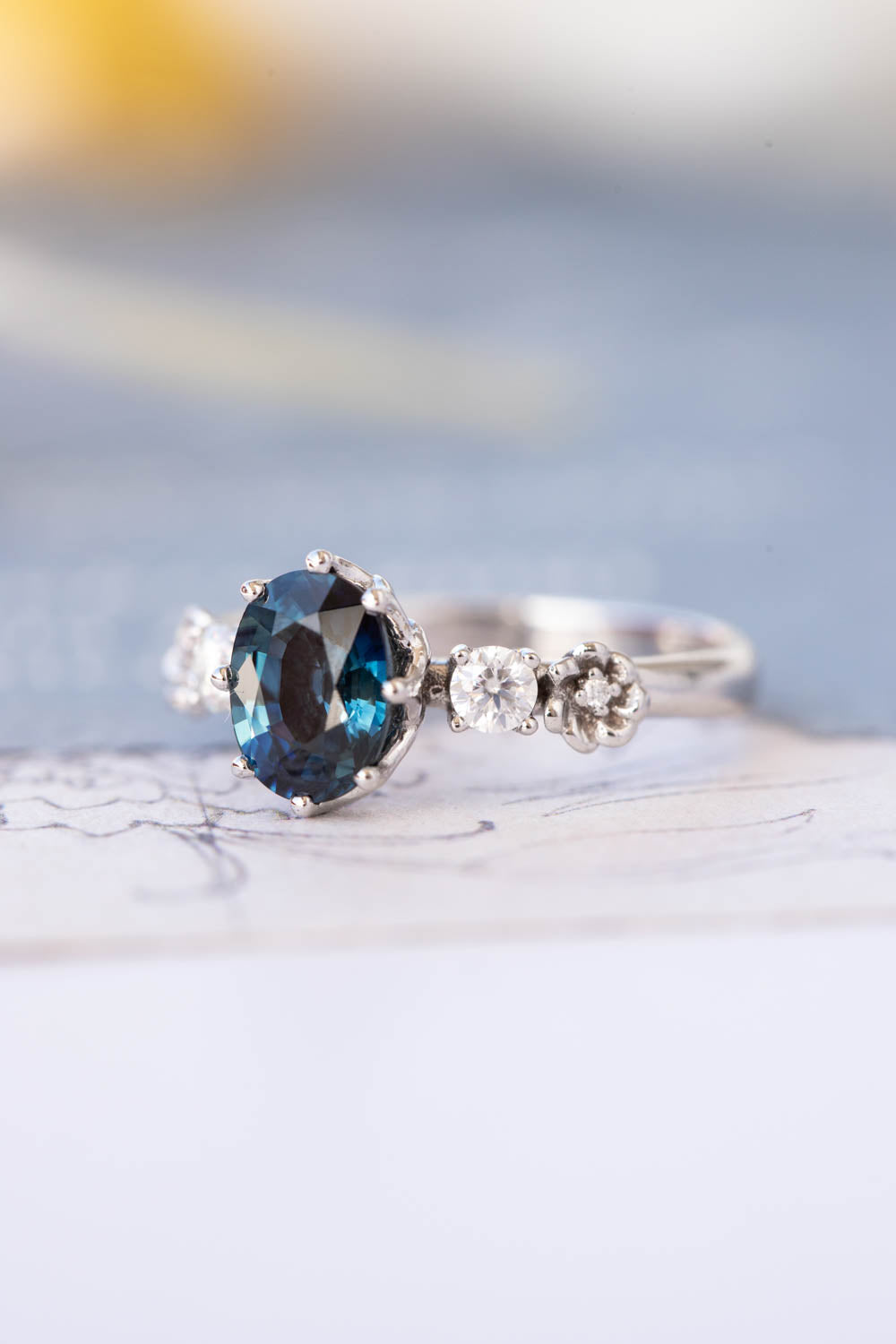 Natural teal sapphire engagement ring, white gold engagement ring with diamonds / Fiorella - Eden Garden Jewelry™