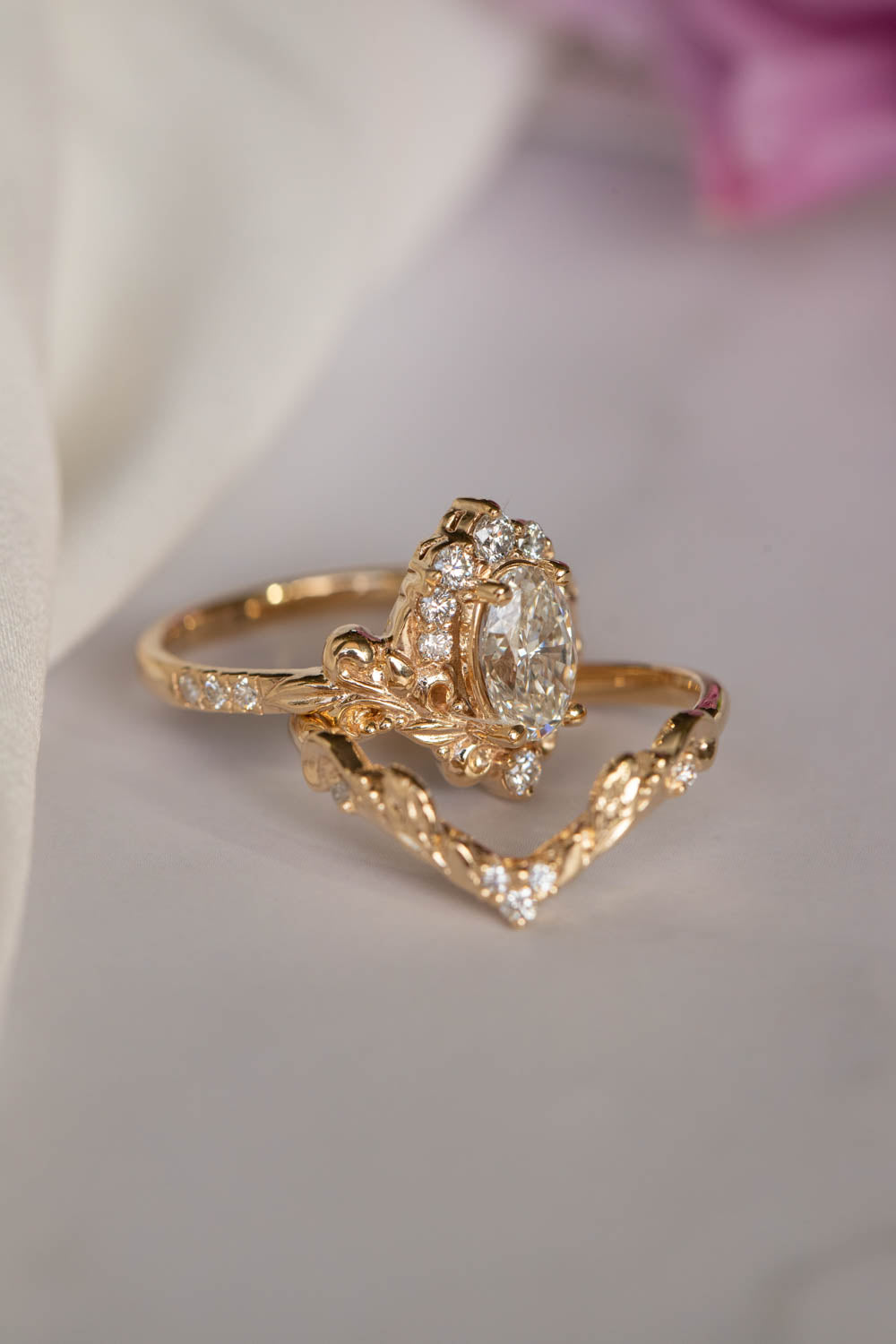 Lab grown diamond engagement ring, nature inspired gold ring with diamond halo / Sophie - Eden Garden Jewelry™