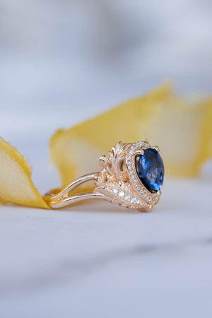 Dark blue sapphire engagement ring, gold ring with diamond halo / Adonis halo - Eden Garden Jewelry™