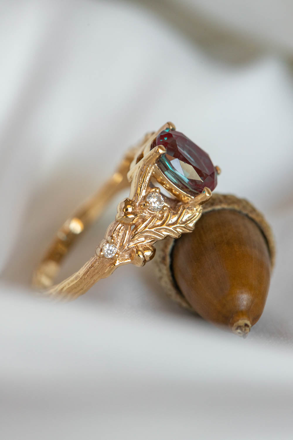 Alexandrite and diamonds oak engagement ring, colour changing gemstone gold ring / Silviya - Eden Garden Jewelry™