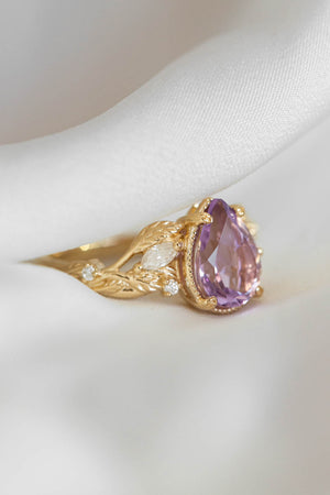 Lavender amethyst nature themed engagement ring, big pear cut gemstone gold ring with diamonds / Patricia - Eden Garden Jewelry™