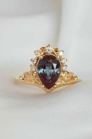 Alexandrite and diamonds engagement ring, big pear gemstone gold ring / Ariadne - Eden Garden Jewelry™