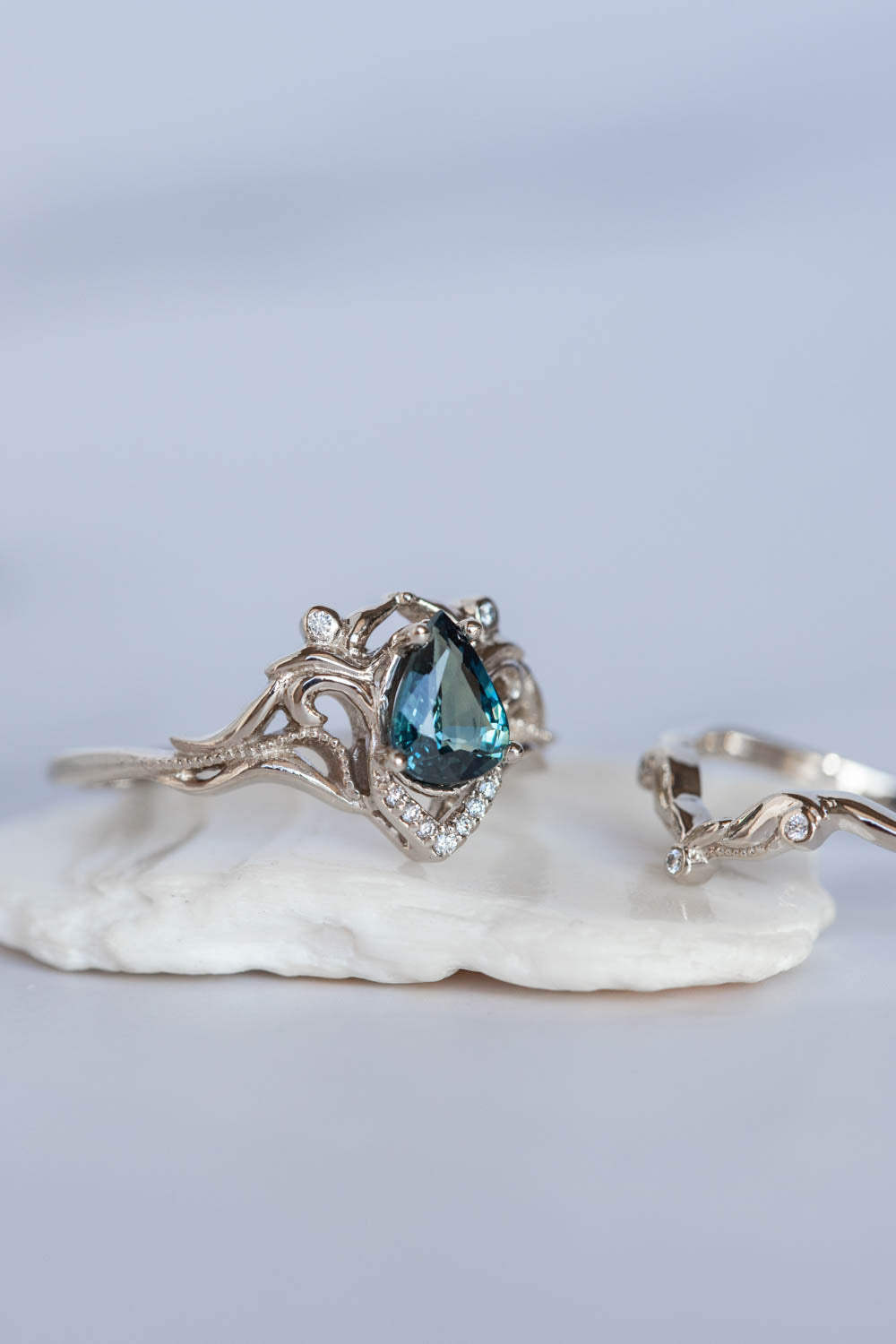 White gold engagement ring with teal sapphire, elvish bridal ring with diamonds / Lida small - Eden Garden Jewelry™