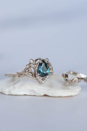 White gold engagement ring with teal sapphire, elvish bridal ring with diamonds / Lida small - Eden Garden Jewelry™