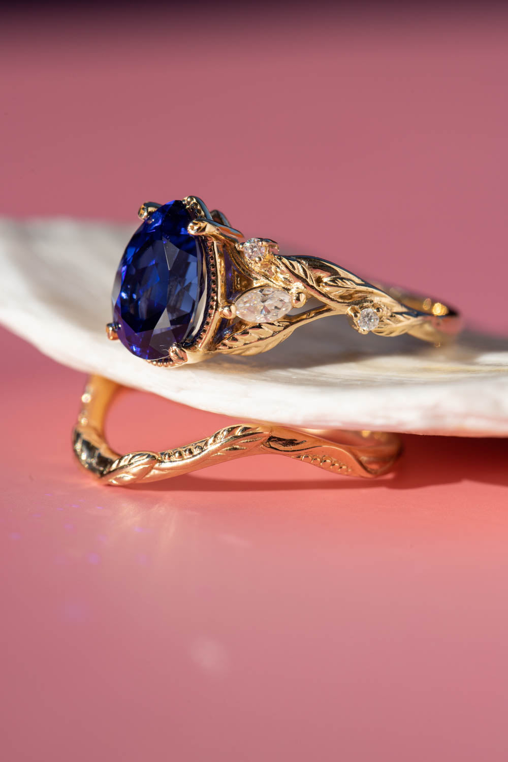 READY TO SHIP: Patricia set in 14K yellow gold, lab created pear cut blue sapphire 10x7 mm, moissanites, RING SIZE 7 US - Eden Garden Jewelry™