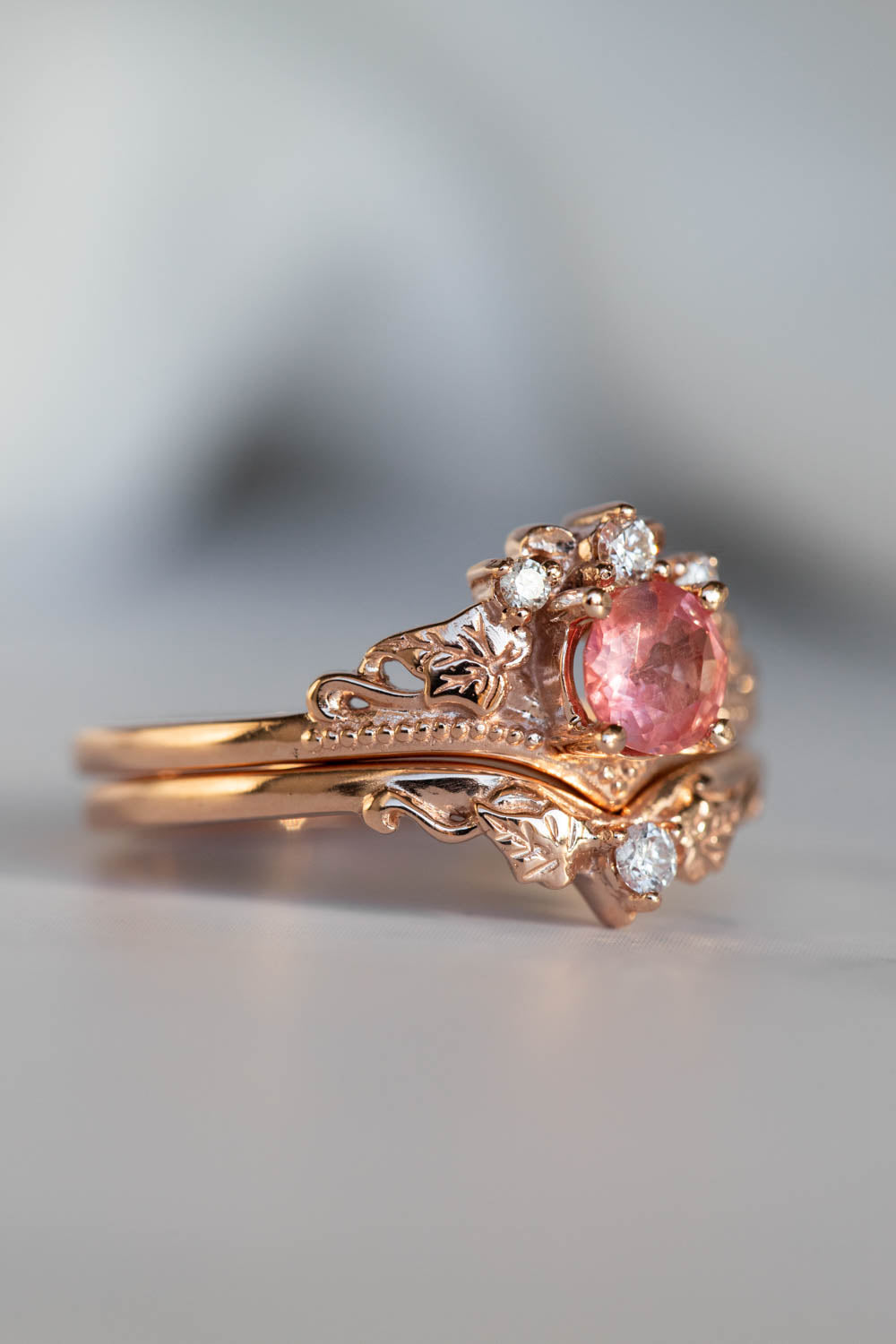 Padparadscha sapphire engagement ring, gold leaves and diamonds proposal ring / Ariadne - Eden Garden Jewelry™