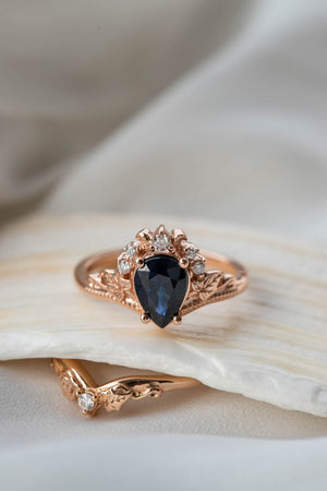 Natural sapphire bridal ring set, dark blue sapphire engagement ring set with diamonds / Ariadne - Eden Garden Jewelry™