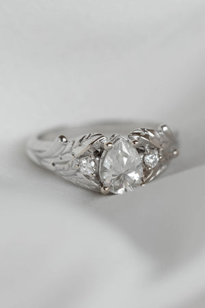 White gold leaf engagement ring with pear cut lab grown diamond and accent diamonds / Wisteria - Eden Garden Jewelry™