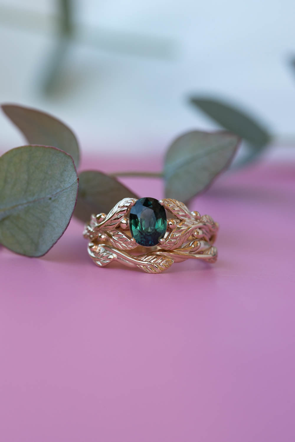 Genuine dark teal sapphire engagement ring, oval cut gemstone gold leaf proposal ring / Cornus - Eden Garden Jewelry™