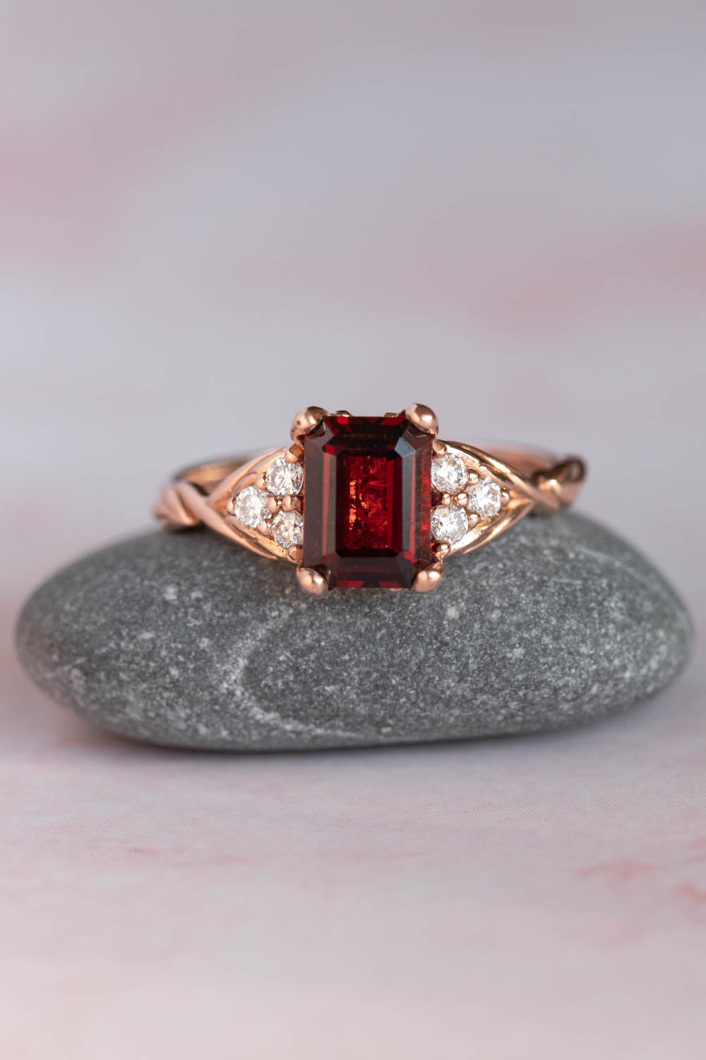 Natural garnet and diamonds engagement ring, emerald cut gemstone rose gold ring / Gloria - Eden Garden Jewelry™