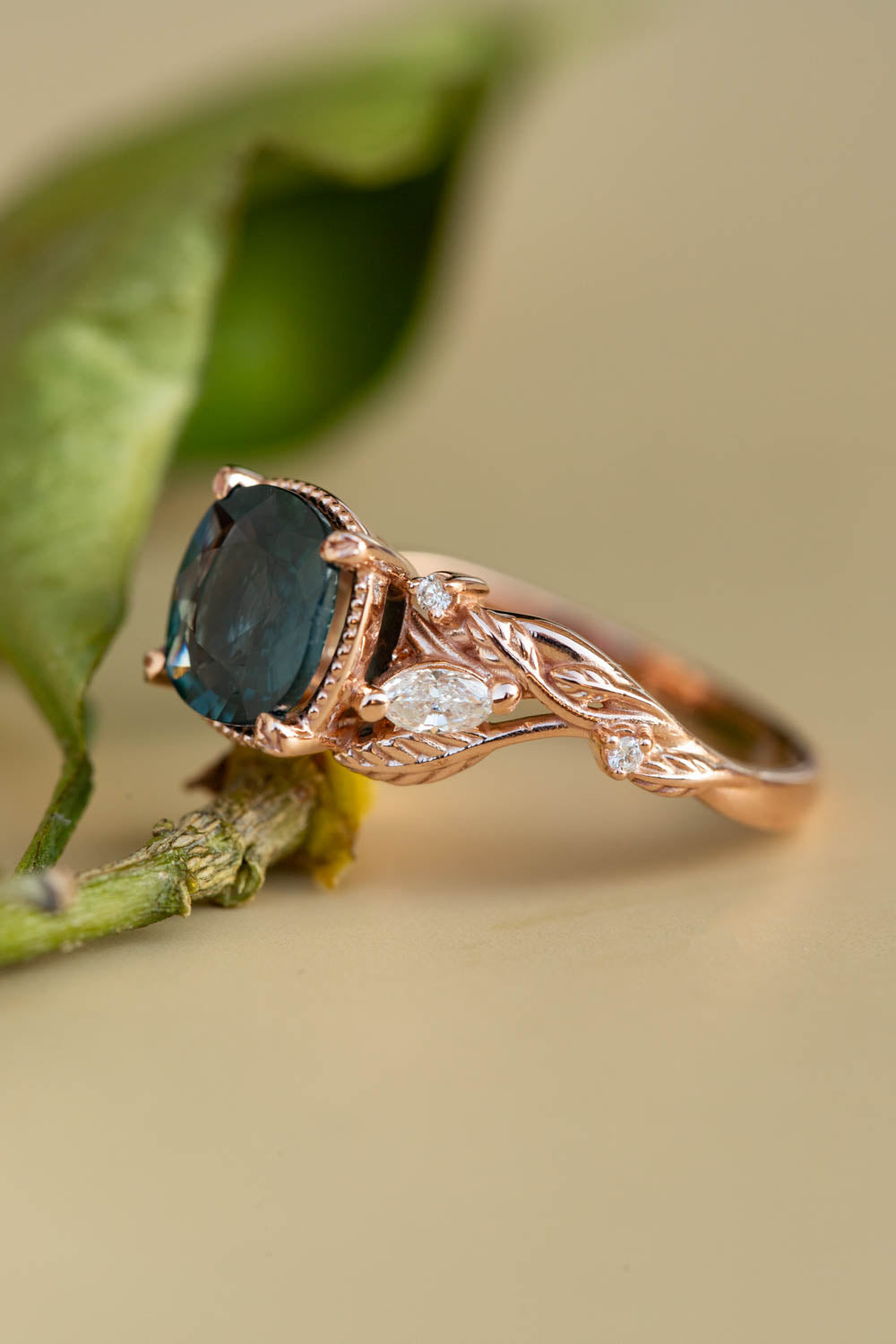 Cushion teal sapphire twig engagement ring, rose gold ring with leaves and diamonds / Patricia - Eden Garden Jewelry™