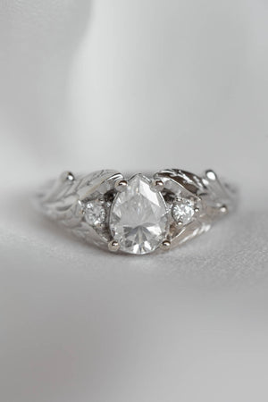 White gold leaf engagement ring with pear cut lab grown diamond and accent diamonds / Wisteria - Eden Garden Jewelry™