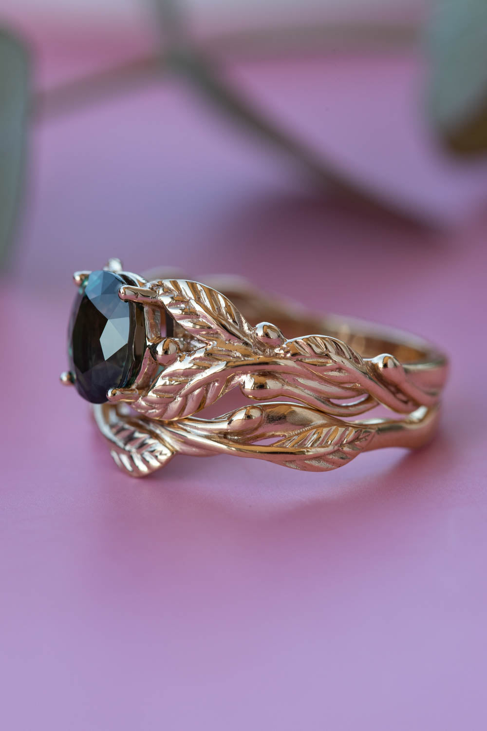 Dark teal sapphire bridal ring set, nature inspired gold engagement ring set / Cornus - Eden Garden Jewelry™