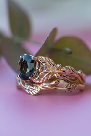 Dark teal sapphire bridal ring set, nature inspired gold engagement ring set / Cornus - Eden Garden Jewelry™