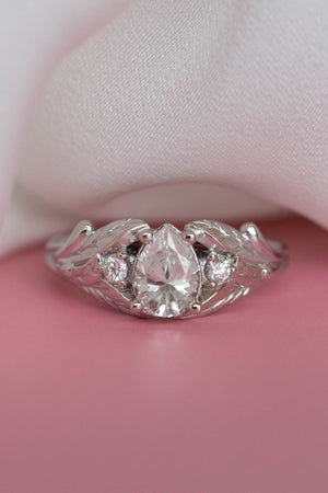 White gold leaf engagement ring with pear cut lab grown diamond and accent diamonds / Wisteria - Eden Garden Jewelry™