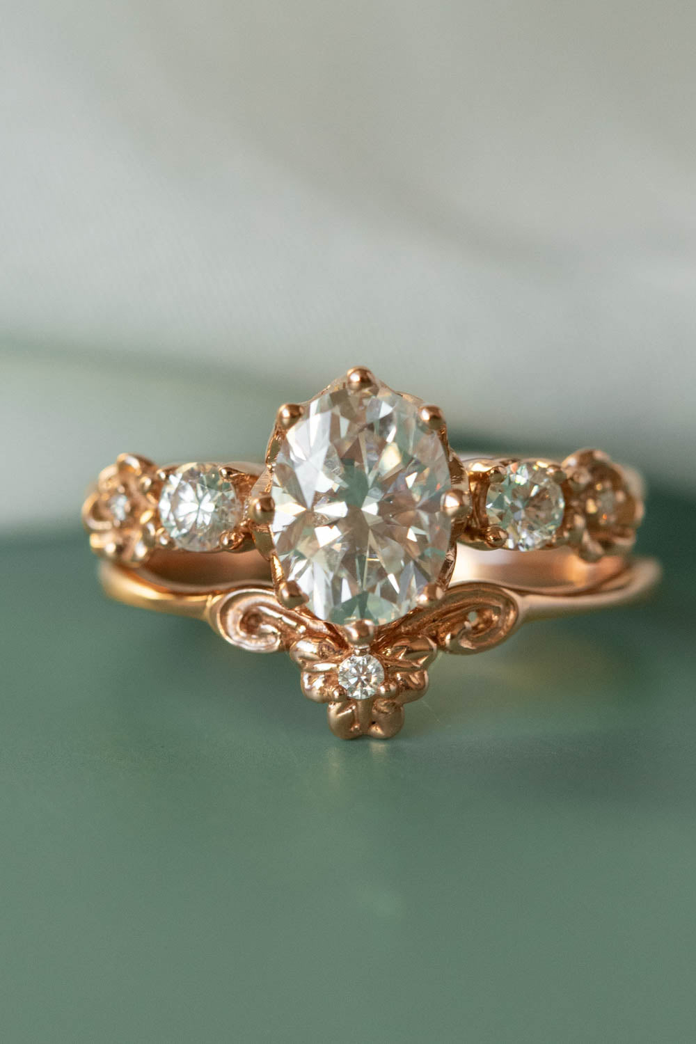 Oval lab grown diamond bridal ring set, floral rose gold engagement ring with diamonds  / Fiorella - Eden Garden Jewelry™