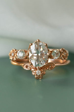 Oval lab grown diamond bridal ring set, floral rose gold engagement ring with diamonds  / Fiorella - Eden Garden Jewelry™