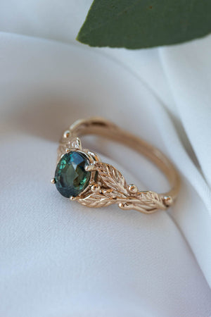 Genuine dark teal sapphire engagement ring, oval cut gemstone gold leaf proposal ring / Cornus - Eden Garden Jewelry™