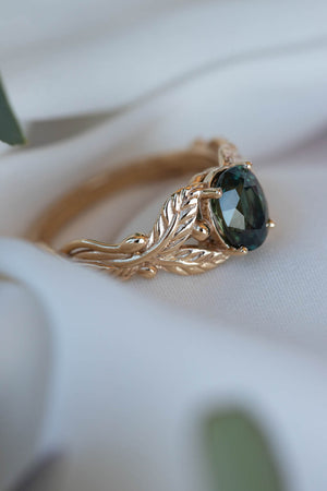 Genuine dark teal sapphire engagement ring, oval cut gemstone gold leaf proposal ring / Cornus - Eden Garden Jewelry™