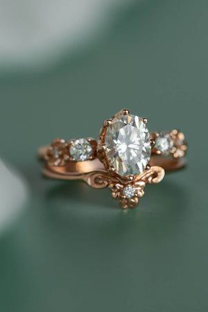 Oval lab grown diamond bridal ring set, floral rose gold engagement ring with diamonds  / Fiorella - Eden Garden Jewelry™