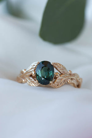 Genuine dark teal sapphire engagement ring, oval cut gemstone gold leaf proposal ring / Cornus - Eden Garden Jewelry™