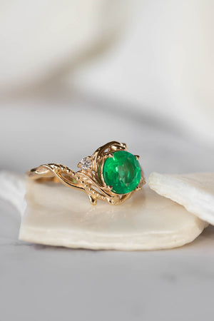 Natural emerald and diamonds engagement ring, elvish nature inspired gold ring / Undina - Eden Garden Jewelry™