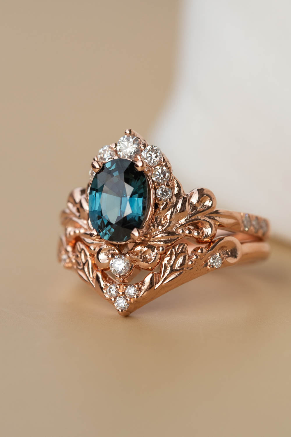 Natural teal sapphire bridal ring set, baroque inspired gold engagement ring set with diamonds / Sophie - Eden Garden Jewelry™