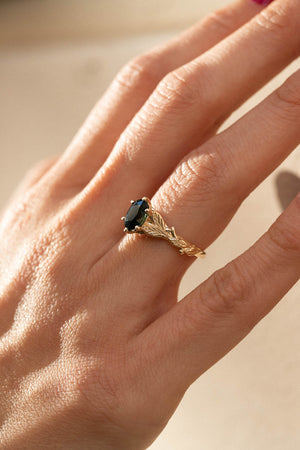 Dark teal sapphire engagement ring, oval cut gemstone gold leaf ring / Freesia - Eden Garden Jewelry™