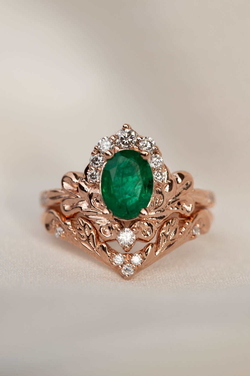 Natural emerald and diamonds bridal ring set, baroque inspired rose gold engagement ring set / Sophie - Eden Garden Jewelry™