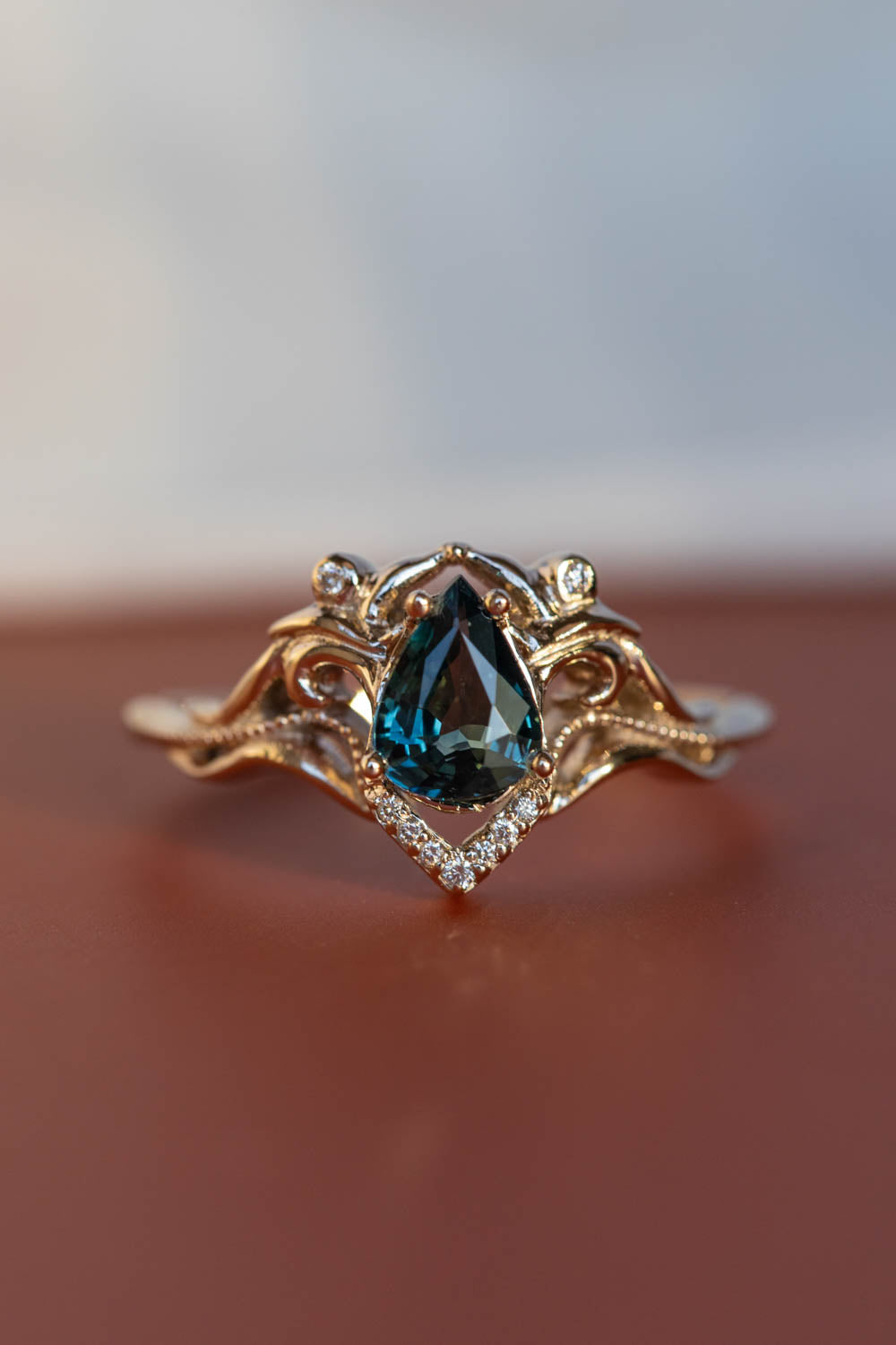 White gold engagement ring with teal sapphire, elvish bridal ring with diamonds / Lida small - Eden Garden Jewelry™