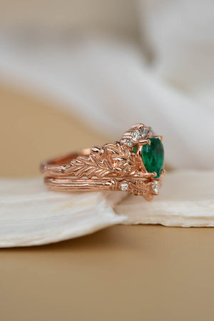 Natural emerald oak leaves bridal ring set, nature inspired engagement and wedding rings / Royal Oak - Eden Garden Jewelry™