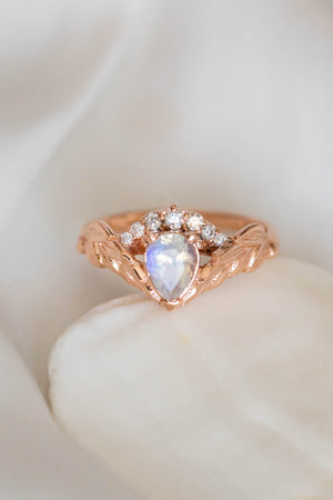 Pear moonstone engagement ring set, diamond crown gold leaves bridal ring set / Palmira Crown - Eden Garden Jewelry™