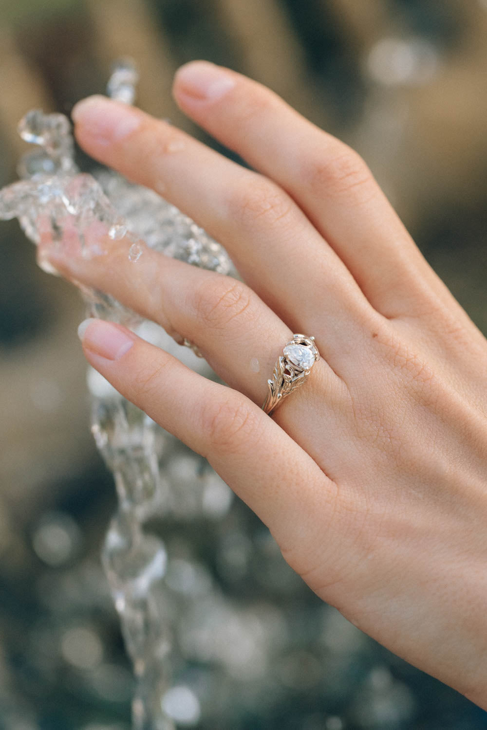 White sapphire nature inspired gold leaf engagement ring / Wisteria - Eden Garden Jewelry™