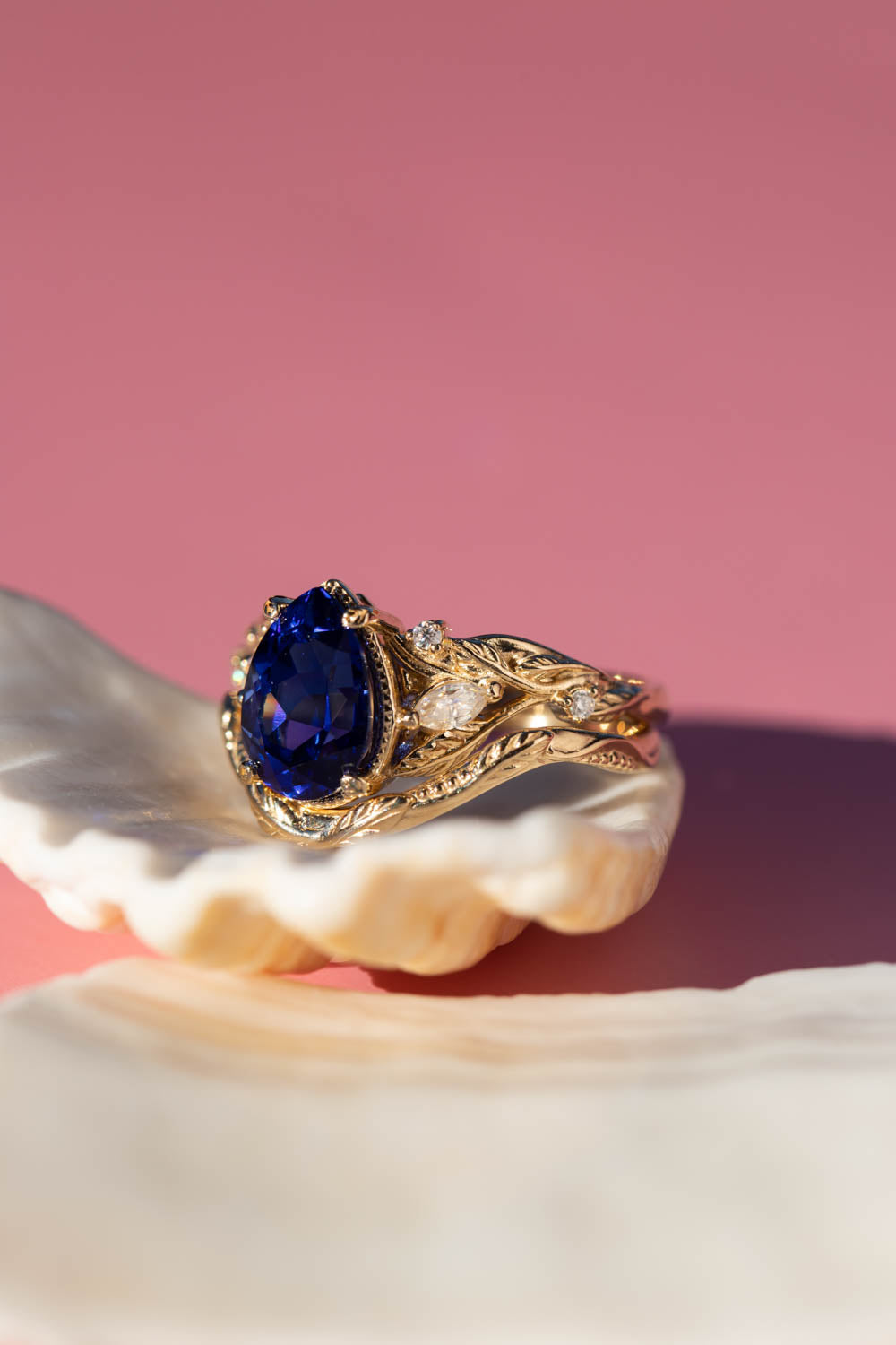 READY TO SHIP: Patricia set in 14K yellow gold, lab created pear cut blue sapphire 10x7 mm, moissanites, RING SIZE 7 US - Eden Garden Jewelry™