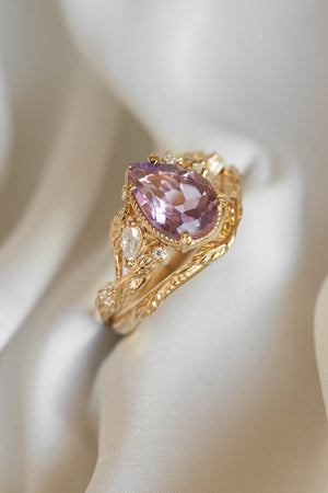 Lavender amethyst nature themed engagement ring, big pear cut gemstone gold ring with diamonds / Patricia - Eden Garden Jewelry™