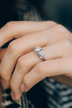 White gold leaf engagement ring with pear cut lab grown diamond and accent diamonds / Wisteria - Eden Garden Jewelry™